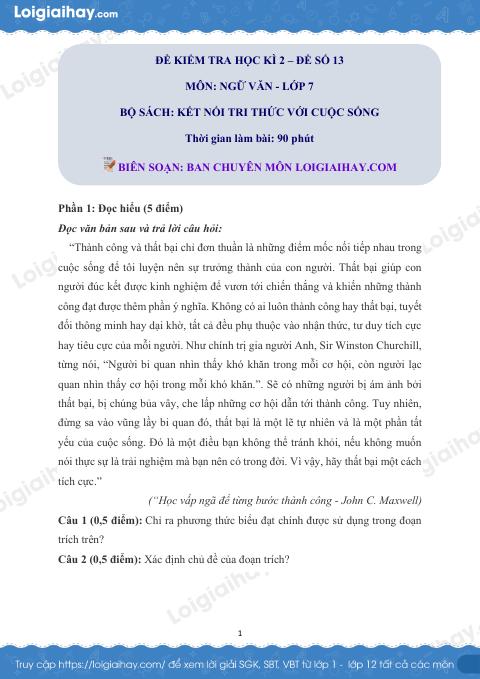 Đề thi học kì 2 Văn 7 Kết nối tri thức - Đề số 13